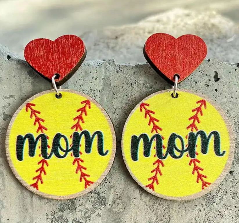 Wooden Softball Mom Hearts Earrings