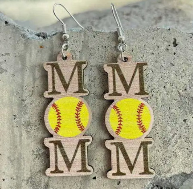 Wooden Softball Mom Earrings