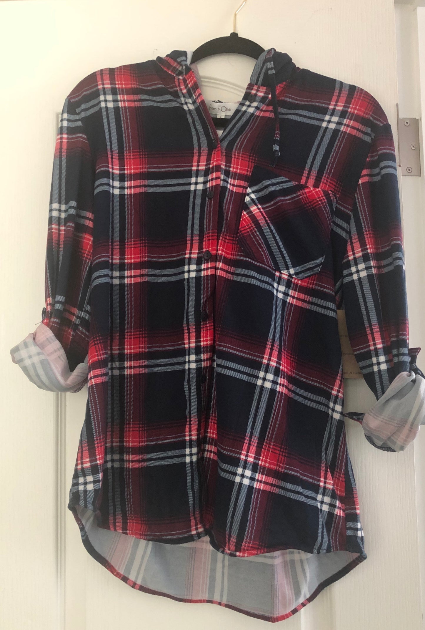 Red & Navy Plaid Hooded Shirt