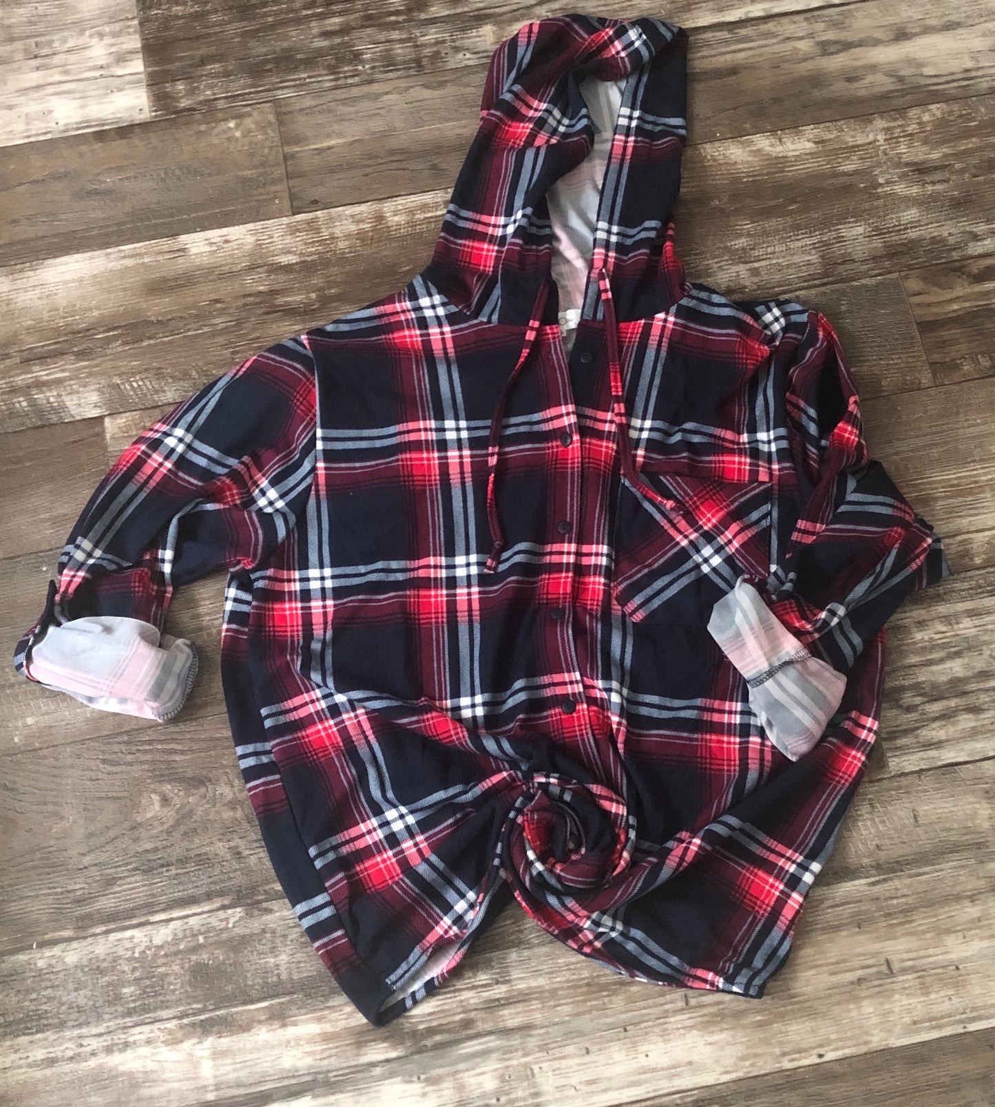 Red & Navy Plaid Hooded Shirt